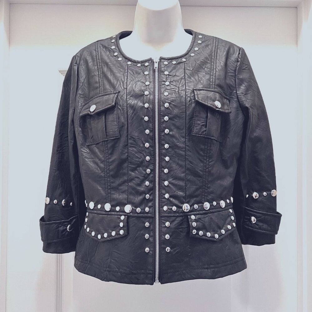 Sele Women's Faux Leather Studded Cropped Black Zip Up Lined Jacket-Moto-Studs